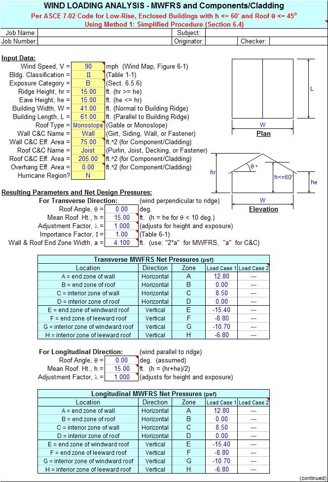 Wind Loading Calculator Sheet Per Asce 7 02 Building Code Civilengineeringbible Com